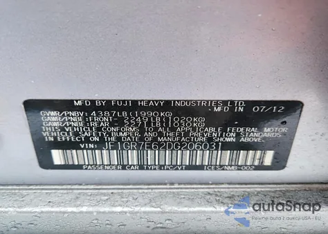 2013 Subaru Impreza Wrx from USA, damaged, VIN JF1GR7E62DG206031